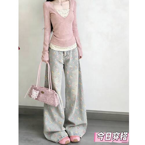 美式复古碎花高腰显瘦牛仔长裤