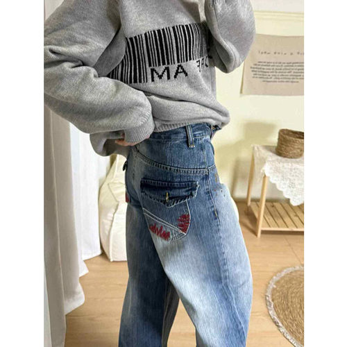 小个子美式刺绣阔腿牛仔裤