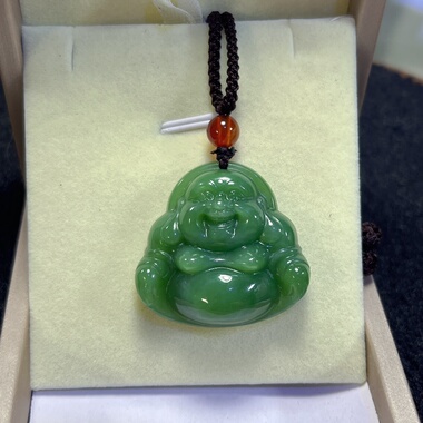 天然和田碧玉佛公吊坠挂件32mm菠菜绿带点猫眼笑佛玉佩玉坠礼物