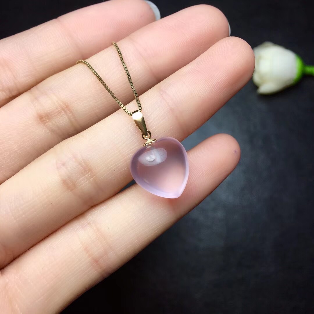 18K 골드 천연 로즈 쿼츠 히비스커스 스톤 펜던트 귀고리 하트 모양의 보석 크리스탈 귀걸이 쇄골 목걸이 펜던트 인증서 포함