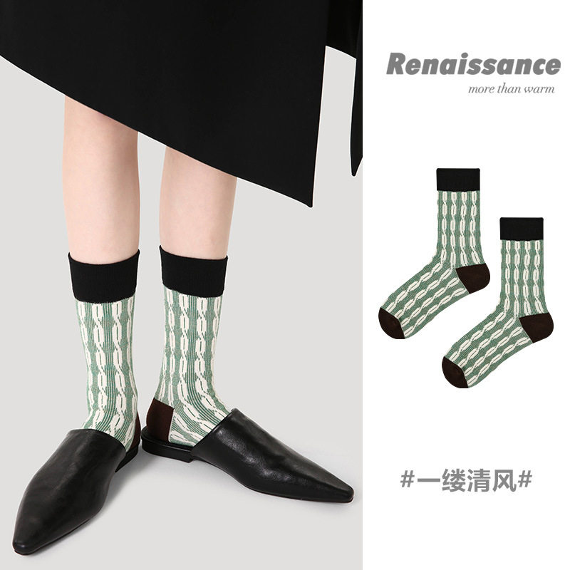 Renaissance袜子女小众设计感几何图案薄款透气复古亮丝精梳棉女