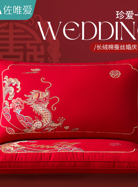 枕头结婚一对女方陪嫁嫁妆婚庆全棉蚕丝枕枕芯套装大红色喜庆家用