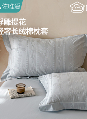 提花长绒棉枕头套单只轻奢高级感纯棉全棉枕套一对装浅蓝色枕芯套