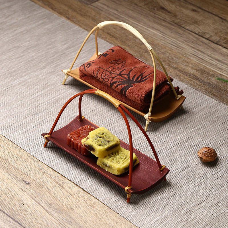 竹制提手精致茶点盘中式家用糕点创意手工托盘摆台结婚点心毛巾托