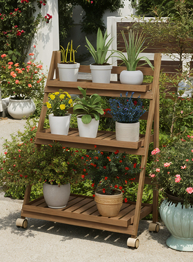 带轮可移动防腐木花架庭院阳台室内多层可折叠阶梯花盆植物摆放架
