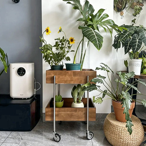 2025新款中古风可移动花架客厅电视柜旁小推车置物架植物摆放架子