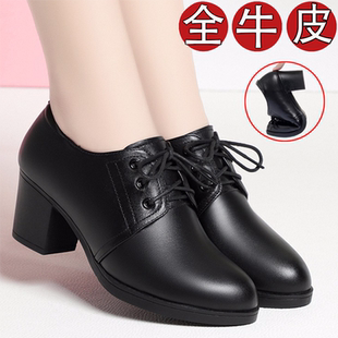 春秋季2025新款女鞋真皮中跟粗跟系带女士皮鞋妈妈软皮软底单鞋女
