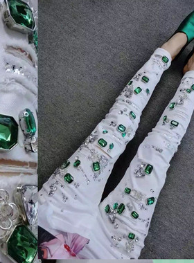 手工缝钻欧洲站新款钉珠牛仔裤女白色破洞重工镶钻带水钻铅笔裤