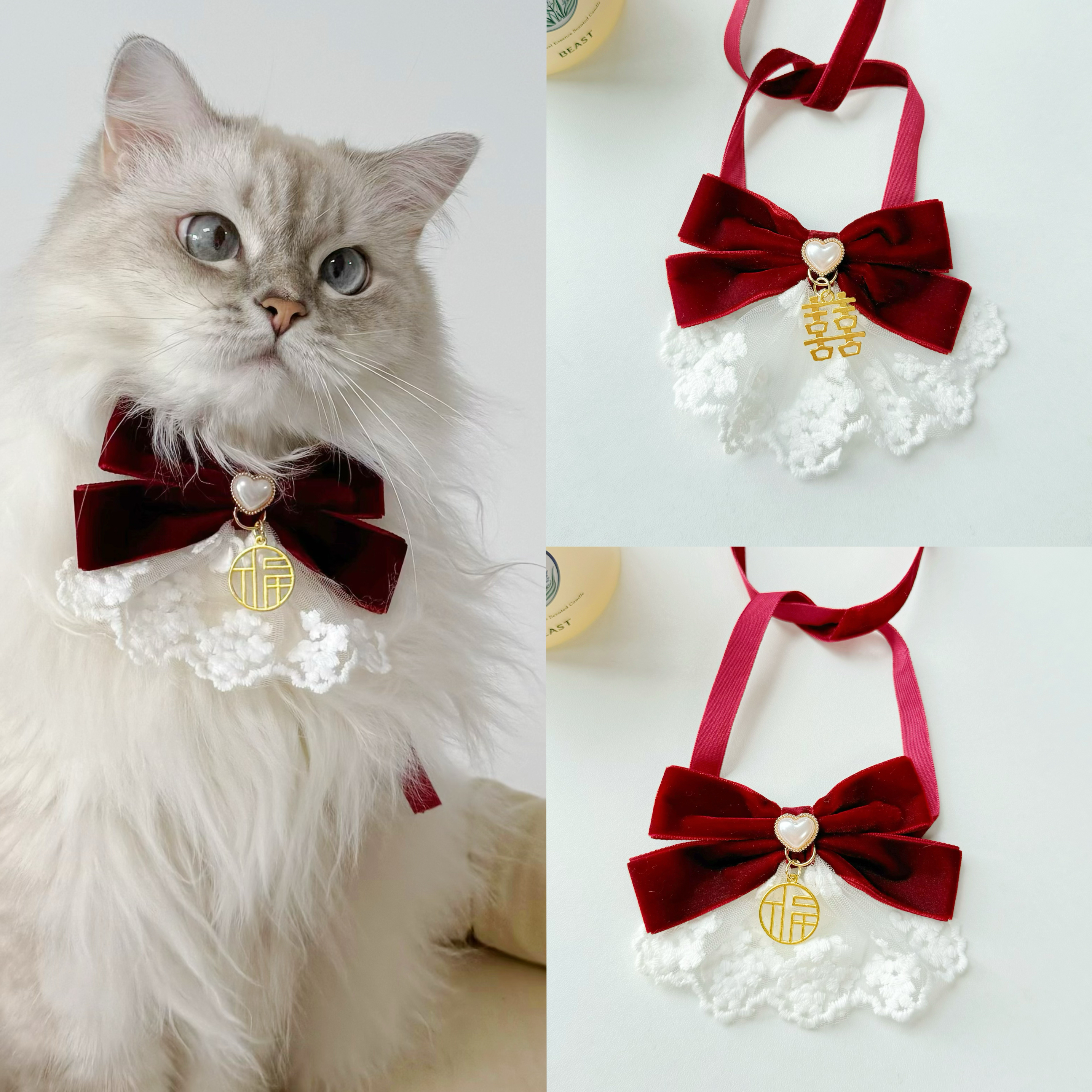 宠物陪嫁口水巾猫狗结婚婚礼新年领结蕾丝红丝绒蝴蝶结 节日围脖