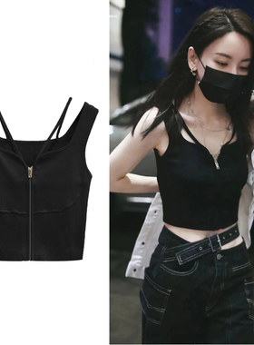 秦岚于文文同款黑色小吊带背心女夏外穿西装内搭辣妹短款打底上衣