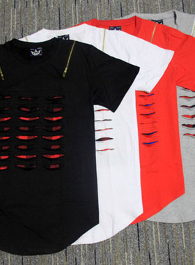 men plain destroy broken t-shirt 破洞破烂格子短袖T恤高街男女