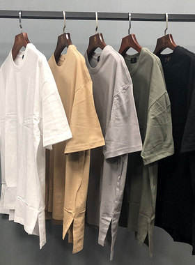 INS潮男高街打底大开叉前短后长纯棉短袖T恤 kanye plain t-shirt
