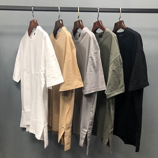 INS潮男高街打底大开叉前短后长纯棉短袖 plain kanye shirt T恤