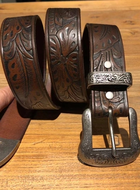 RRL新款美式复古压花纹皮带简约款 纯手工制作意大利牛皮带宽35mm