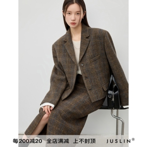 JUSLIN 复古人字纹粗花呢宽肩箱型西装/直筒正背面两穿半裙 J0905