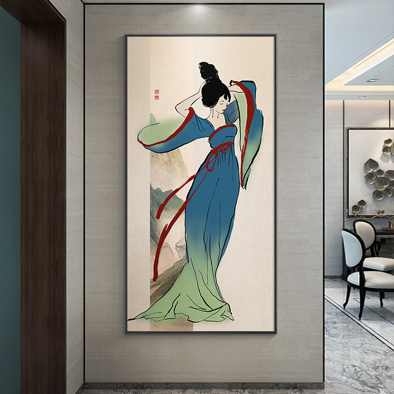 酒店饭店餐厅新中式走廊人物竖版挂画国风茶室进门壁画玄关装饰画图片