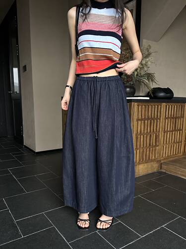 题町57057春季松紧高腰系带百搭休闲宽松直筒牛仔裤阔腿哈伦裤