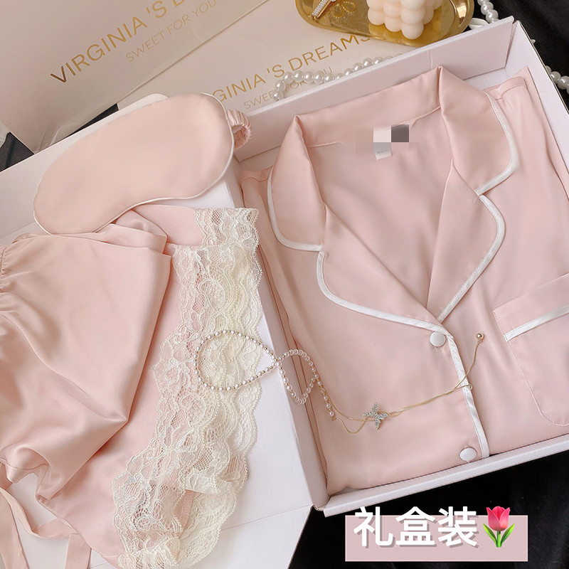 维多控真丝睡衣女纯色蕾丝短袖短裤高档桑蚕丝家居服两件套装夏季