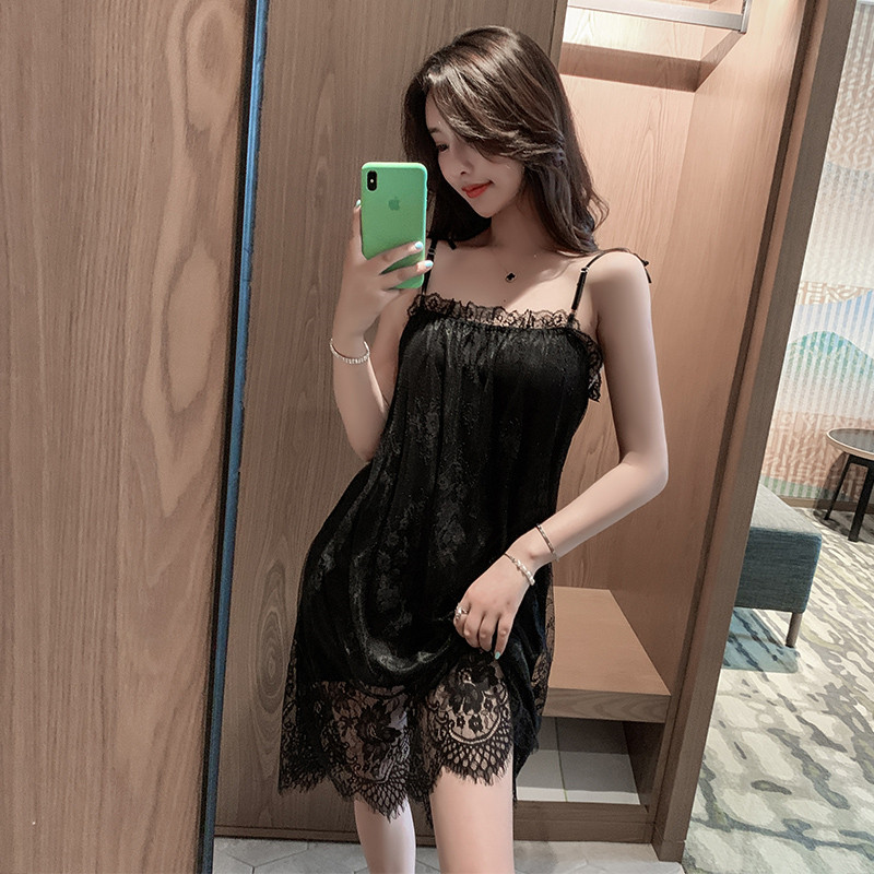 吊带睡裙女春秋季睡衣真丝性感网纱高级感大码蕾丝甜美裙子家居服
