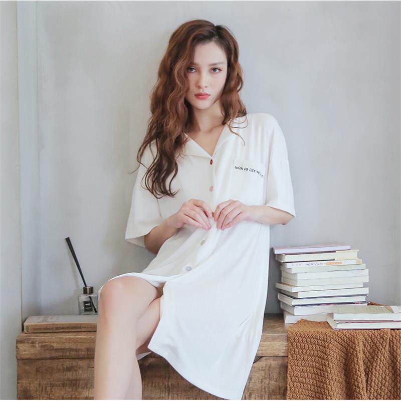 维多控睡衣女春夏纯棉性感薄款网红中长款衬衫睡裙全棉宽松家居服