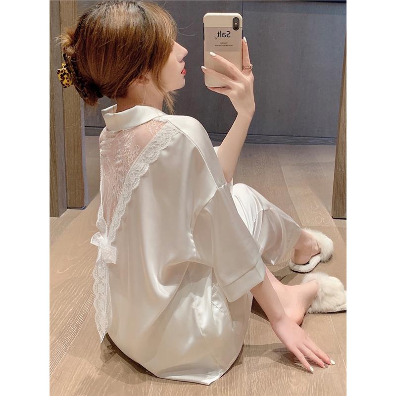 维多控2025新款睡衣女春真丝性感薄蕾丝露背真丝绸家居服两件套装