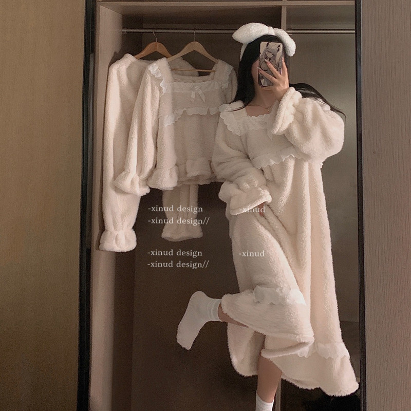 珊瑚绒睡衣女秋冬季保暖加厚法兰绒甜美公主宫廷风睡裙家居服套装