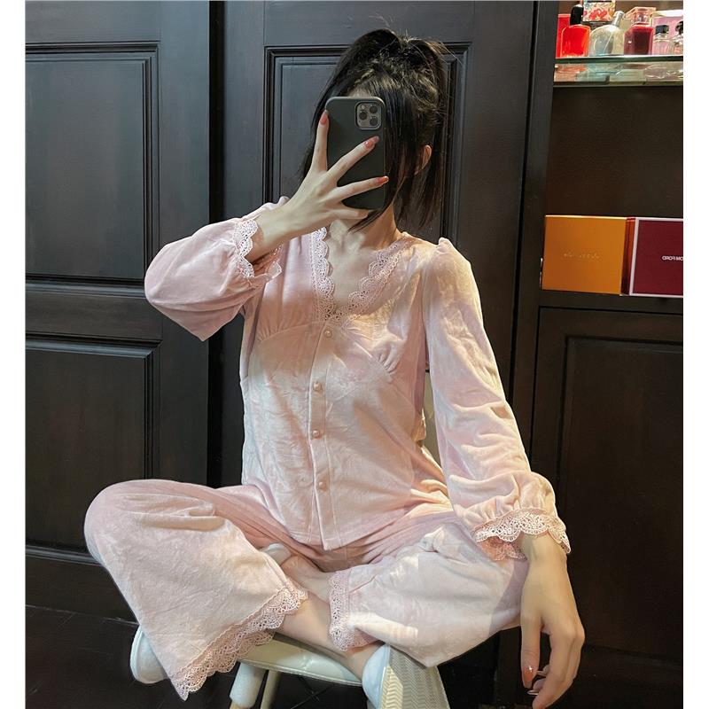 法兰绒睡衣套装女士冬季珊瑚绒名媛加厚金丝绒家居服可外穿