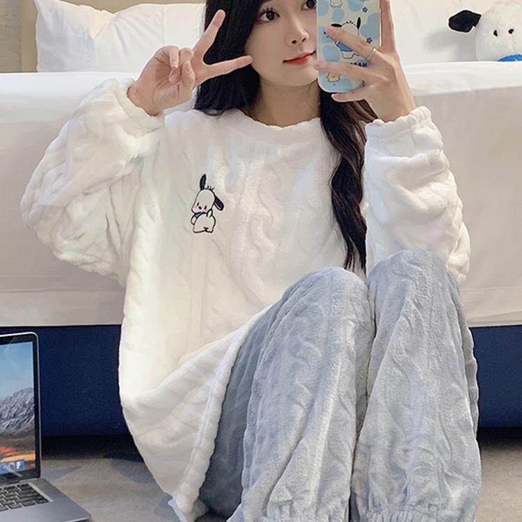 日本睡衣女款秋冬季珊瑚绒长袖长裤加绒加厚甜美家居服套装可外穿