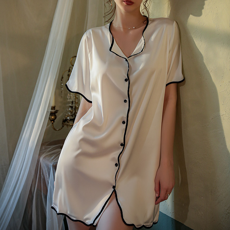 睡衣女短袖中长款性感真丝睡裙简约蚕丝宽松衬衫家居服女夏