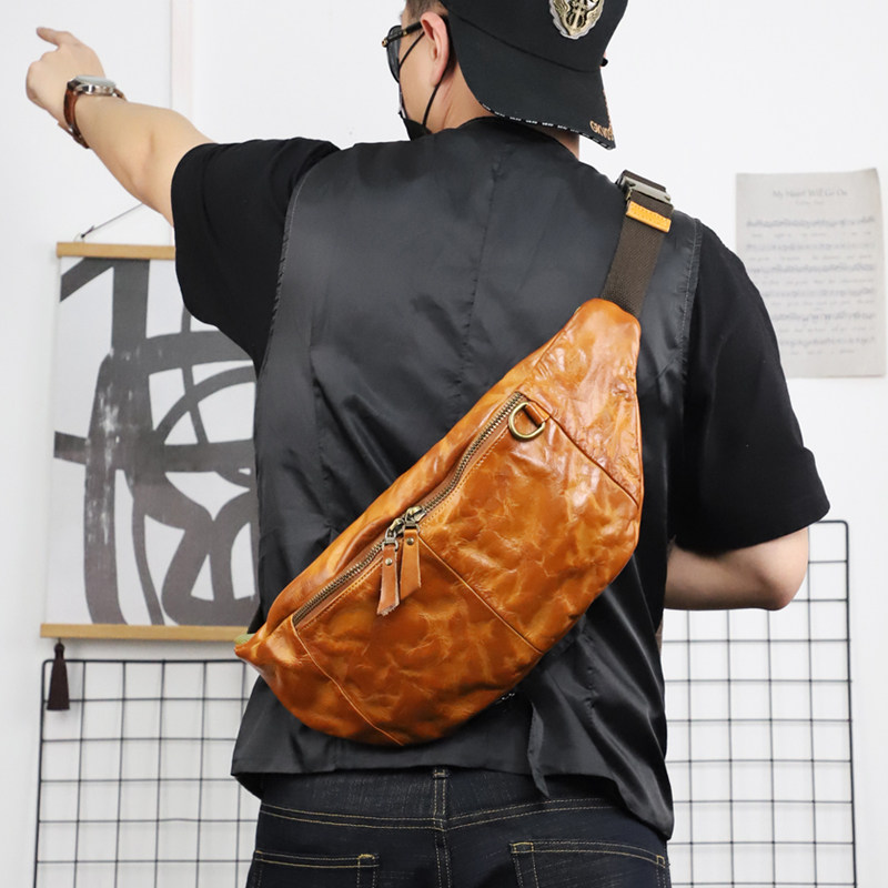 复古做旧植鞣牛皮胸包男大容量单肩斜挎包真皮个性手机包腰包潮流