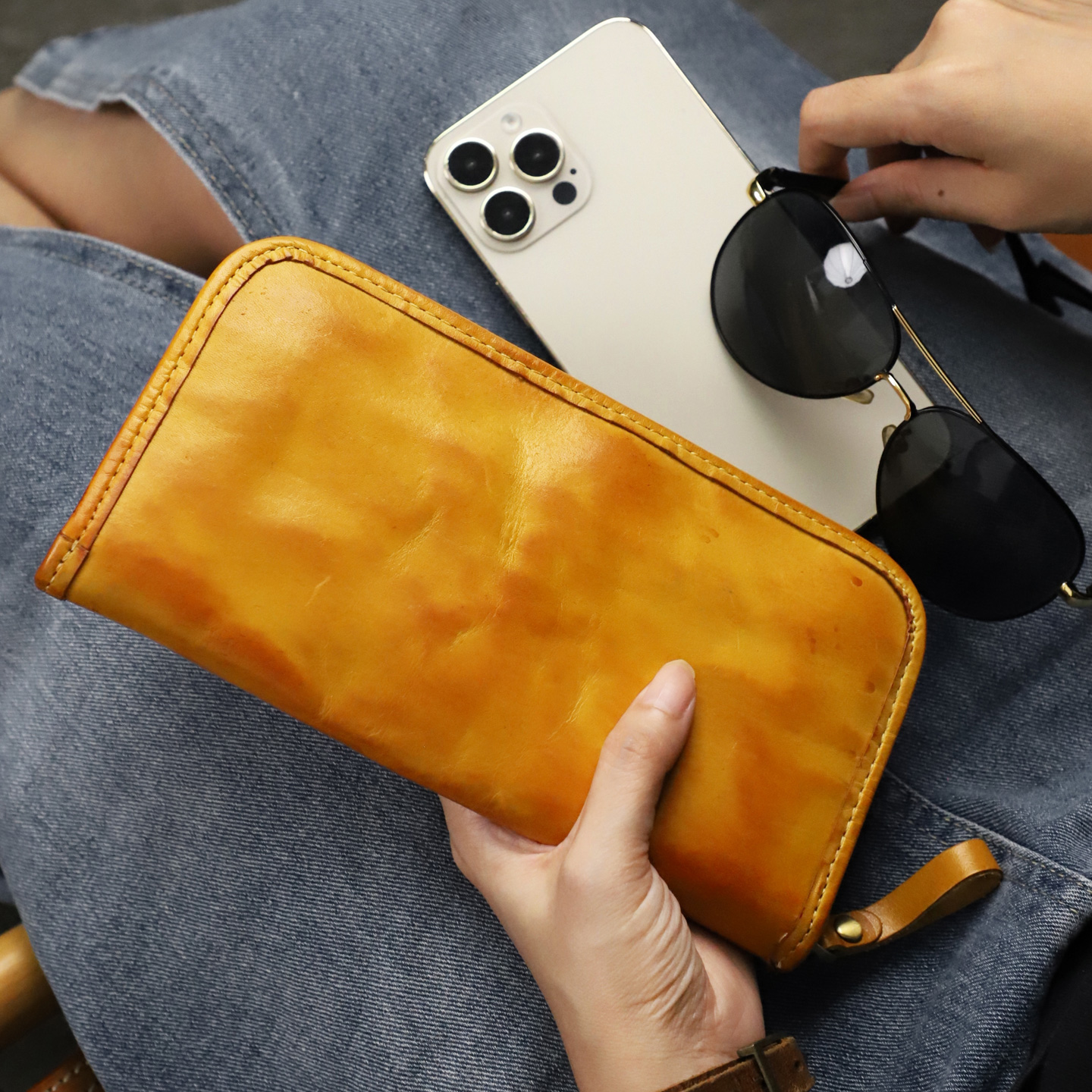 植鞣头层牛皮女手拿包男女真皮长款拉链钱包复古大容量手机包长夹