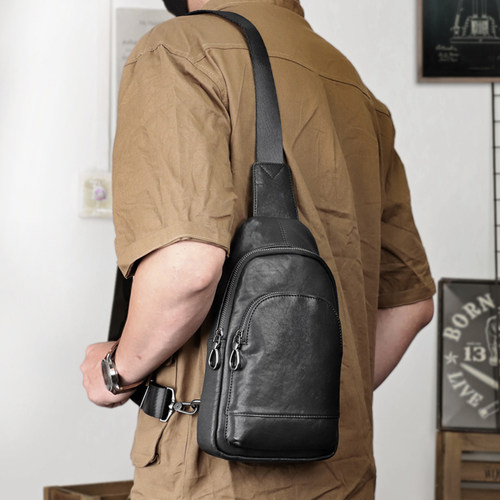 头层牛皮男士胸包真皮斜肩包