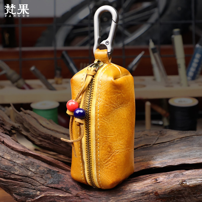 植鞣牛皮复古钥匙包男士迷你腰挂小包真皮车钥匙收纳包拉链零钱包