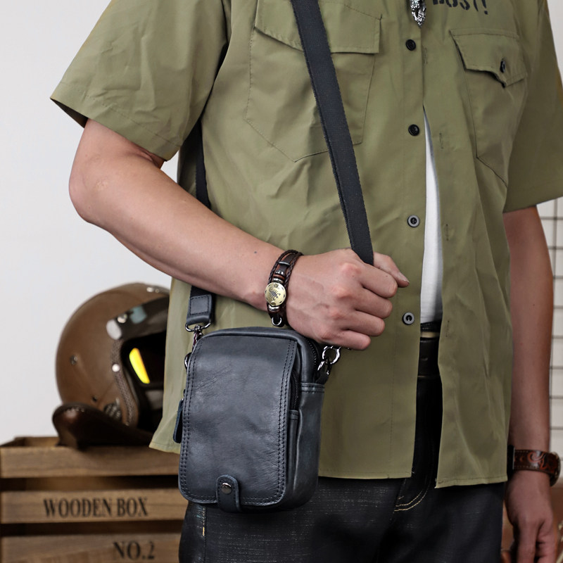 手工真皮斜挎包迷你休闲小包头层牛皮单肩包复古手机腰包潮流男包