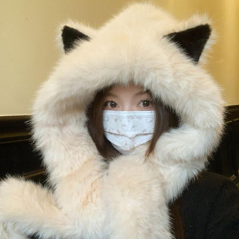 毛绒绒加厚狐狸耳朵帽子围巾一体女2024新款冬季保暖雷锋帽显脸小