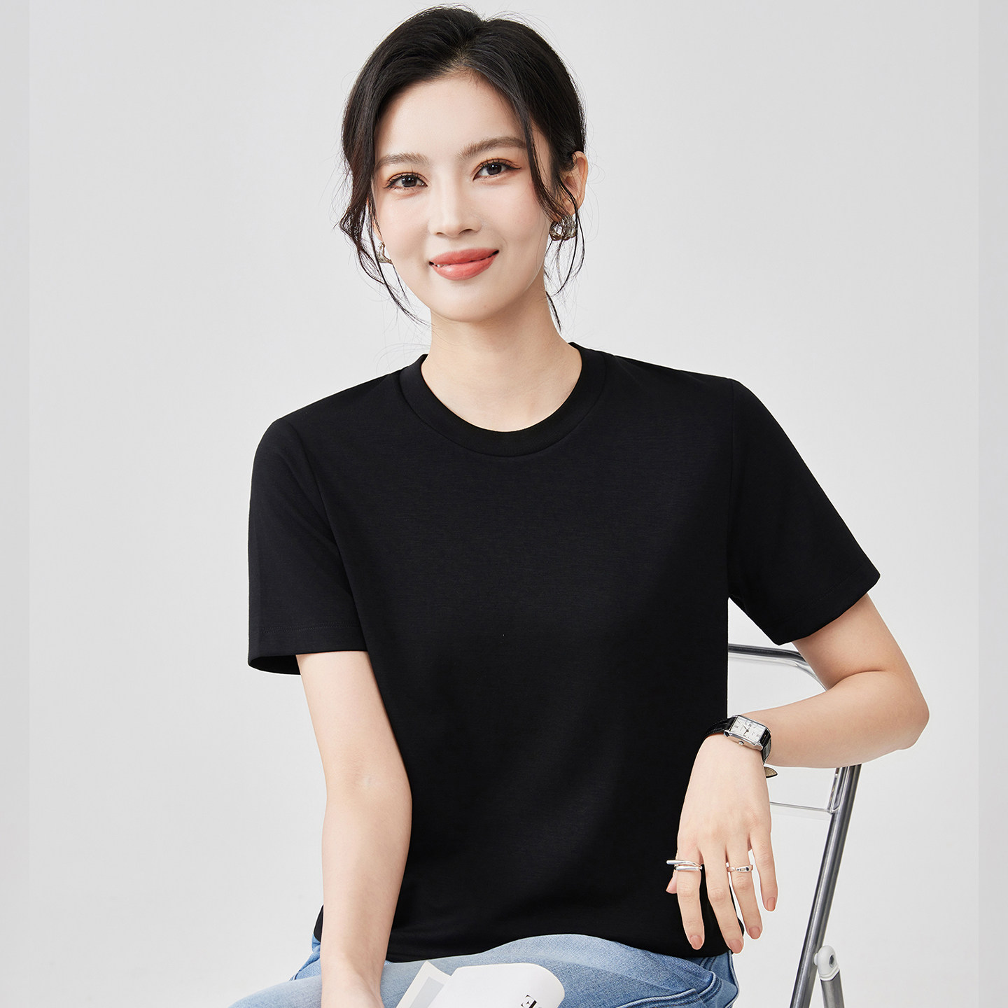 COCO 轻奢简约正肩黑色短袖T恤女2026新款纯棉圆领气质百搭上衣
