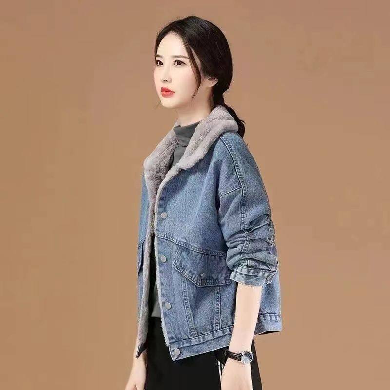 加绒加厚牛仔外套女2024秋冬款韩版宽松高档洋气刺绣保暖棉衣