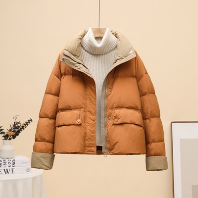 羽绒服女短款2025冬季韩版拼色加厚保暖白鸭绒面包服小个子外套潮