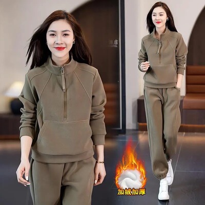 加绒加厚女士卫衣运动服套装2024秋冬款休闲时尚两件套洋气妈妈装
