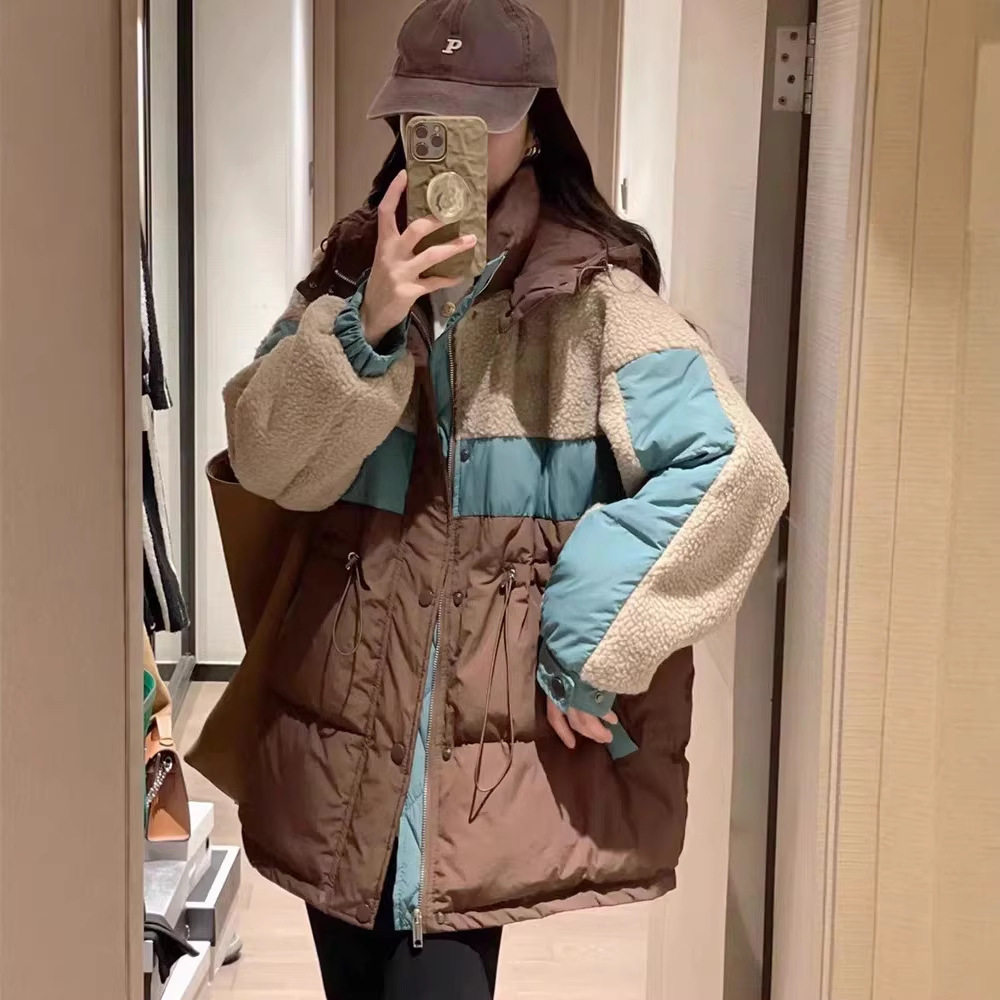 2025冬季羊羔毛拼接羽绒服女抽绳收腰白鸭绒加厚外套撞色中长款