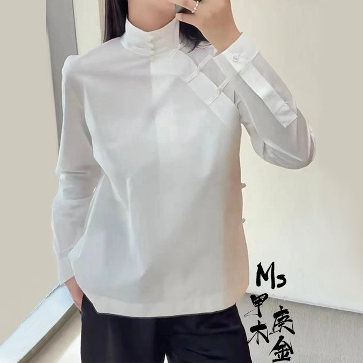 断码清仓MS甲木庚金现代中式盘扣立领斜襟知识分子百搭衬衫白色女