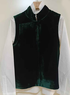 MS知之行之墨绿色真丝丝绒现代中式立领斜襟马甲源头工厂一件代发