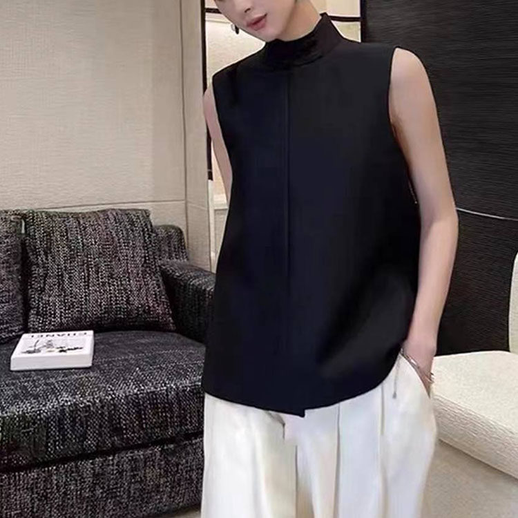 MS甲木庚金现代中式羊毛混纺斜琵琶襟立领盘扣女式马甲黑色藏蓝色