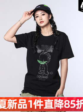 LNBR原创国潮25夏季新品绿嘴闪电男孩印花黑色T恤男个性潮流短袖