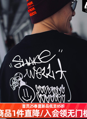 LNBR X ShakeWell联名夏季涂鸦字母印花黑色短袖男高街情侣T恤