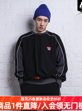 LNBR春季潮牌黑色百搭圆领套头卫衣男宽松休闲上衣大码潮