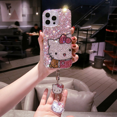 苹果17ProMax镶钻手机壳可爱女款iPhone16plus带钻石闪15卡通猫咪保护套14网红同款13mini挂坠12适用11小熊XS