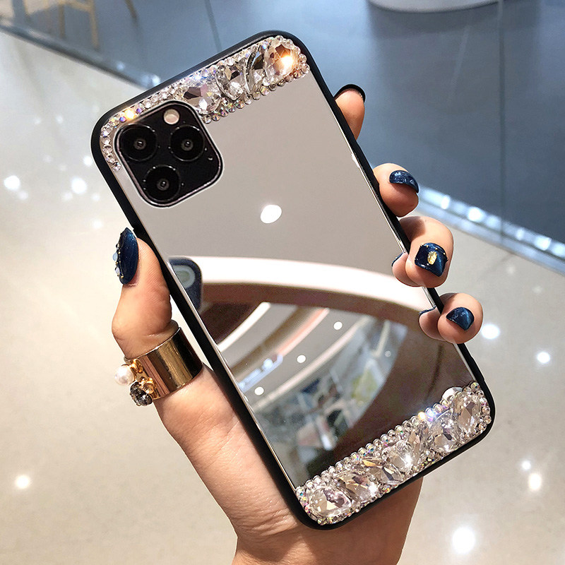 苹果17ProMax手机壳带镜子新款iPhone16网红水晶钻石套15plus防摔13mini保护套14全包12软硅胶XS女11潮7适用8