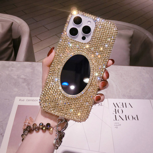 三星S25奢华水钻手机壳S24ultra全包防摔女款note10+补妆镜子S23FE保护套适用s20网红同款s9plus带钻石闪S8链