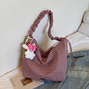 格子包包女款2026新款潮时尚慵懒风单肩包大容量托特包通勤斜挎包